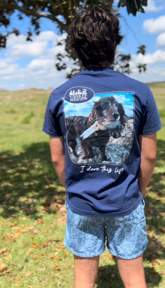 “I Dove This Life” navy blue comfort color tee with logo on pocket